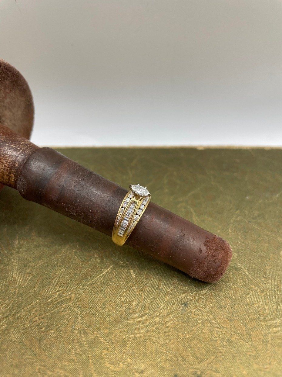 14k Gold .33ct Center Marquise Cut Diamond Engagement Ring w Channel Set Baguette + Round Cut Diamond Band 3