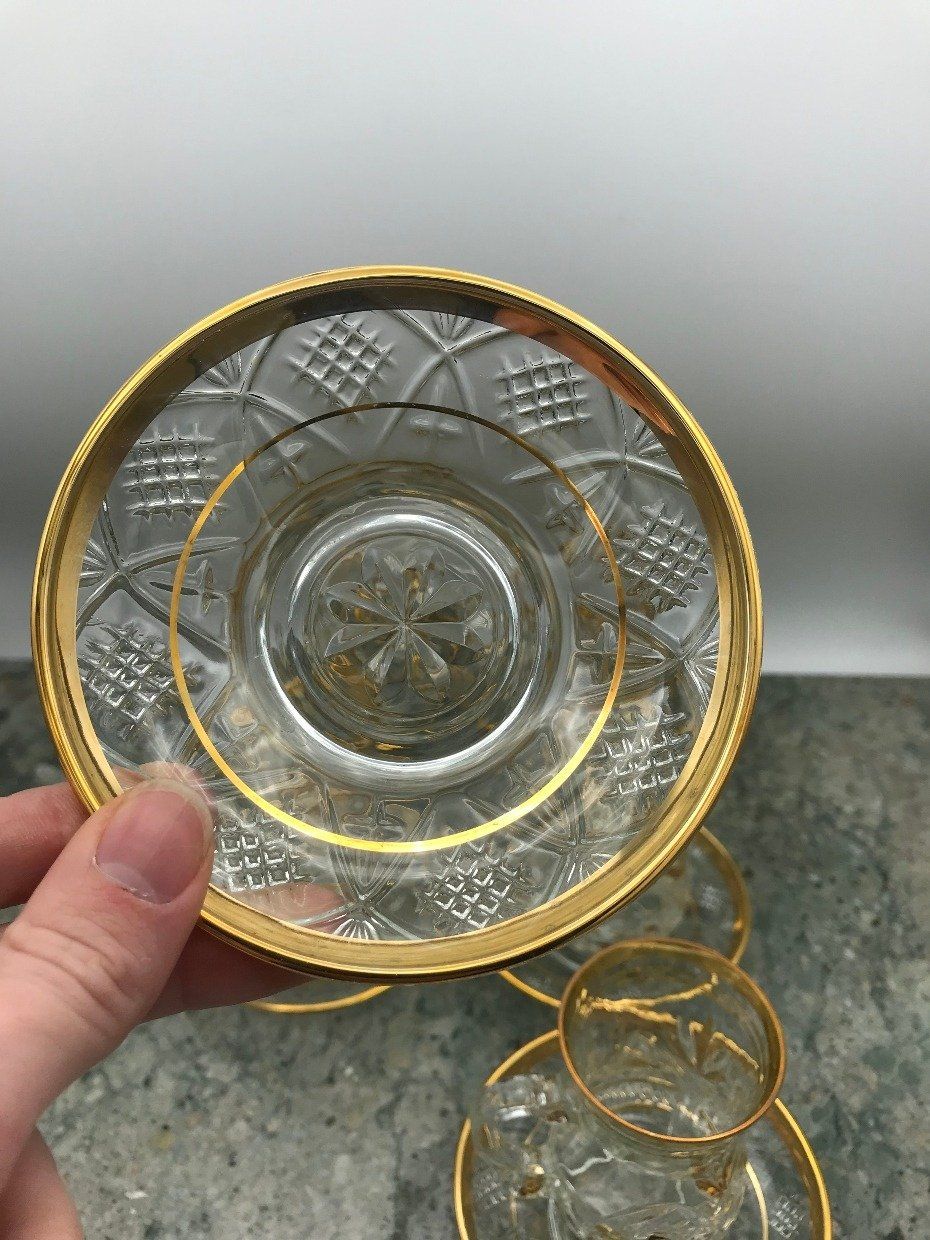 Set of 6 Gilt Detailed Pressed Glass Espresso Cups + Saucers 3