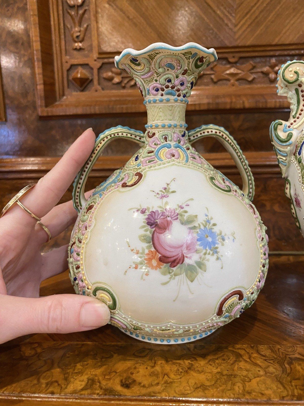 Antique Victorian Nippon Mirage Beadwork Hand Painted Handled Vase 5