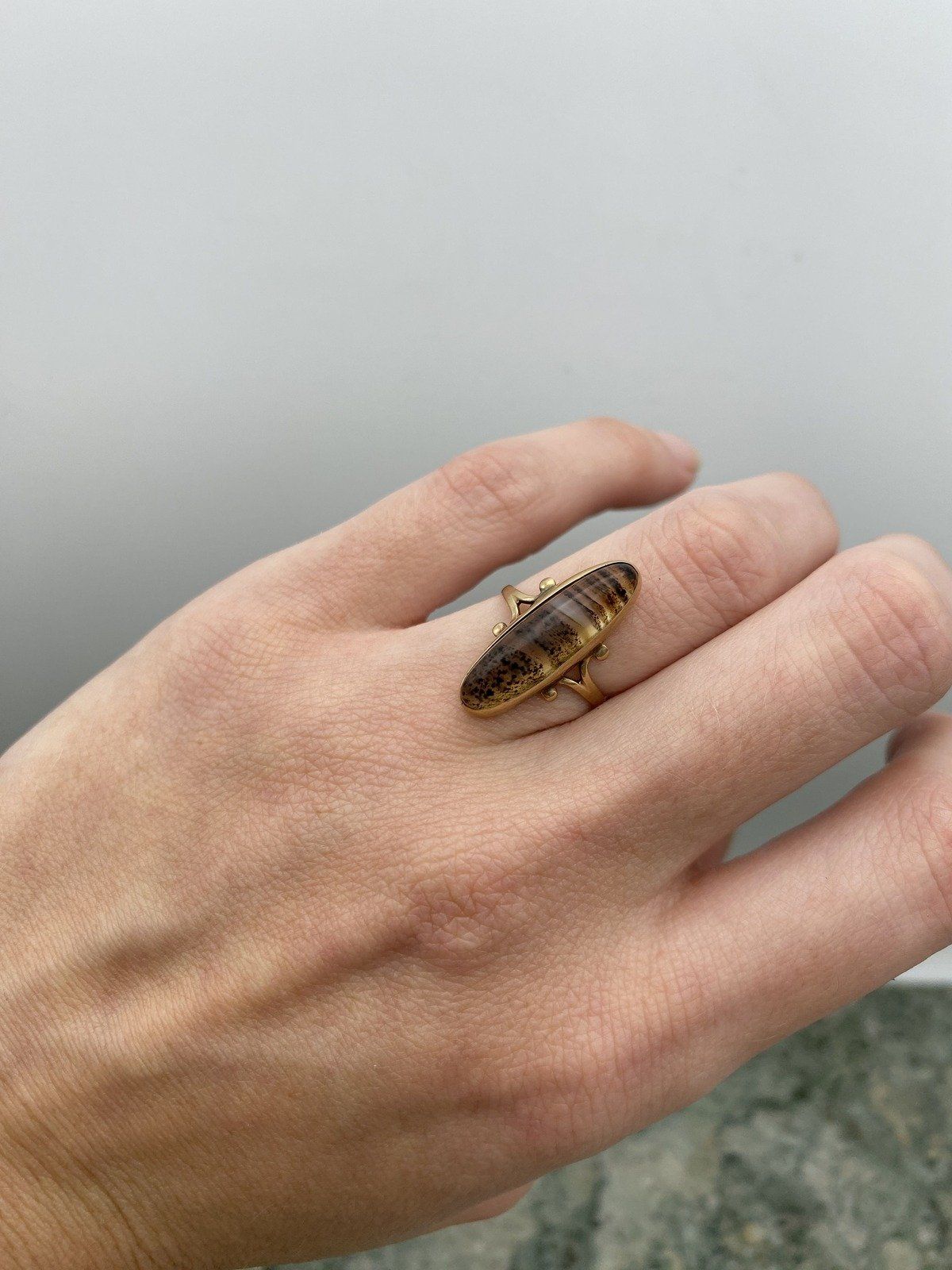 Antique 14k Gold Rare Botswana Agate Navette Ring 6