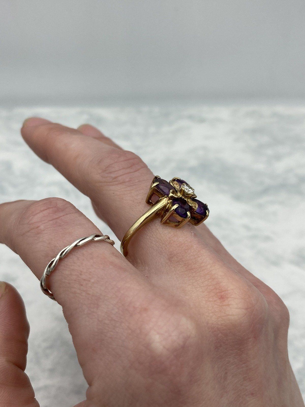 Vintage c.1950s 10k Gold 4 Petal Amethyst + Diamond Clover Ring w Brushed Leaf Secondary Detail 6