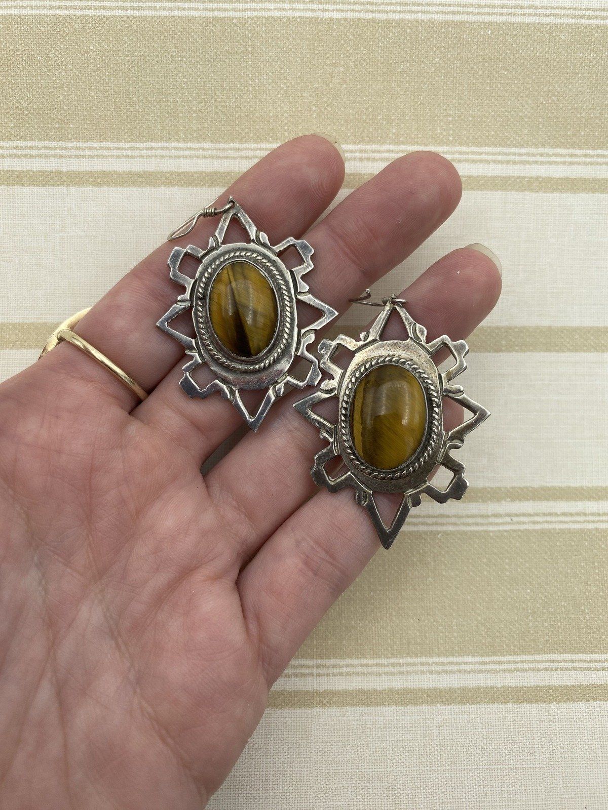 Cool Sterling Silver Mexico Vintage Tiger's Eye Statement Earrings 4