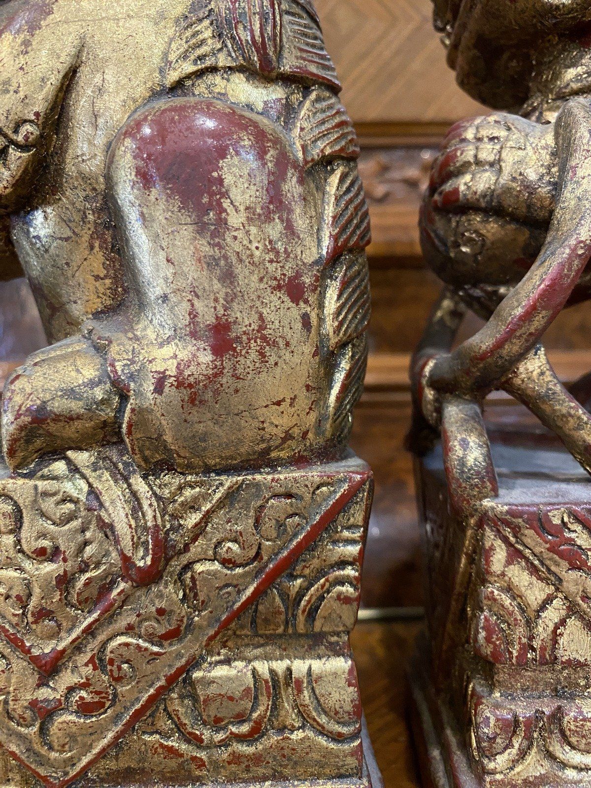 Cinnabar Red + Gilt Plaster Foo Dogs Sculptures 2