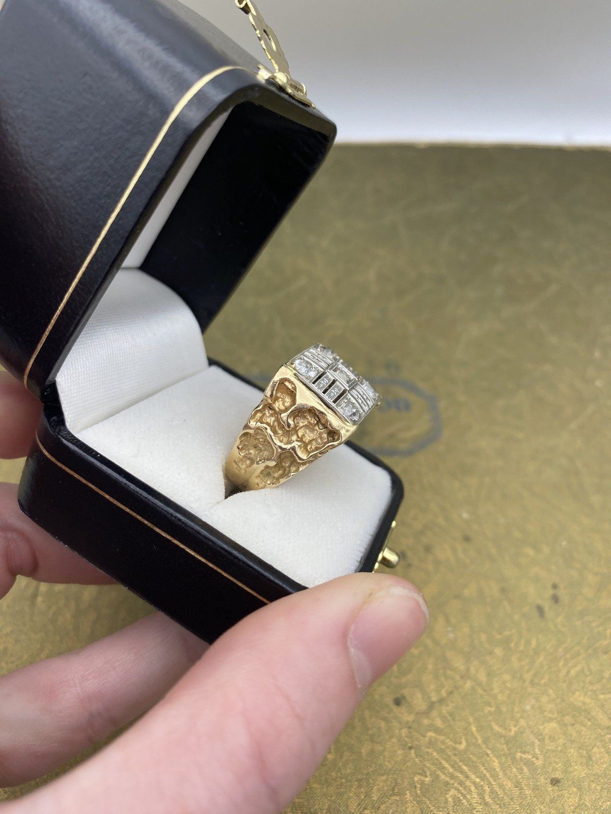 Men's Antique Conversion 14k Gold Nugget + Old Euro Mine Cut Diamond Ring #2164 3