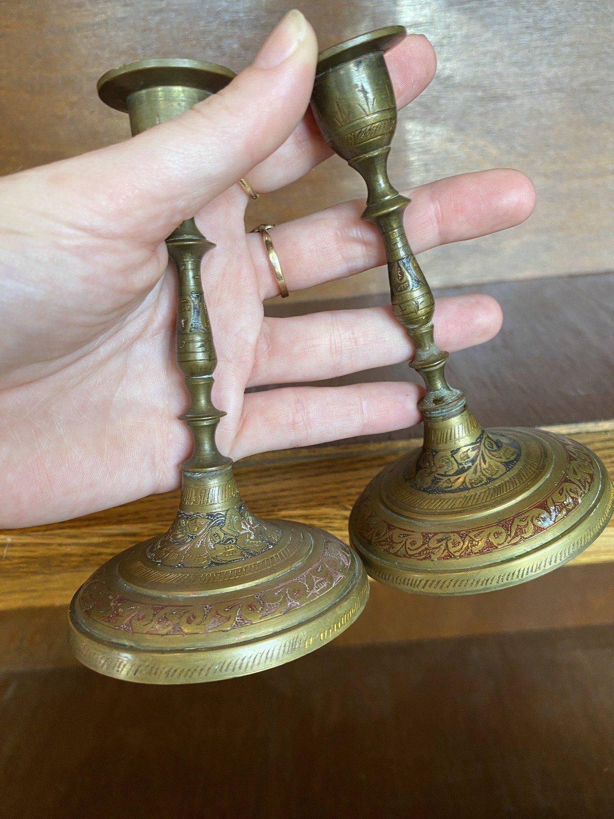 3pc Vintage Eastern Indian Enamel + Brass Altar Bell and Candle Set 6