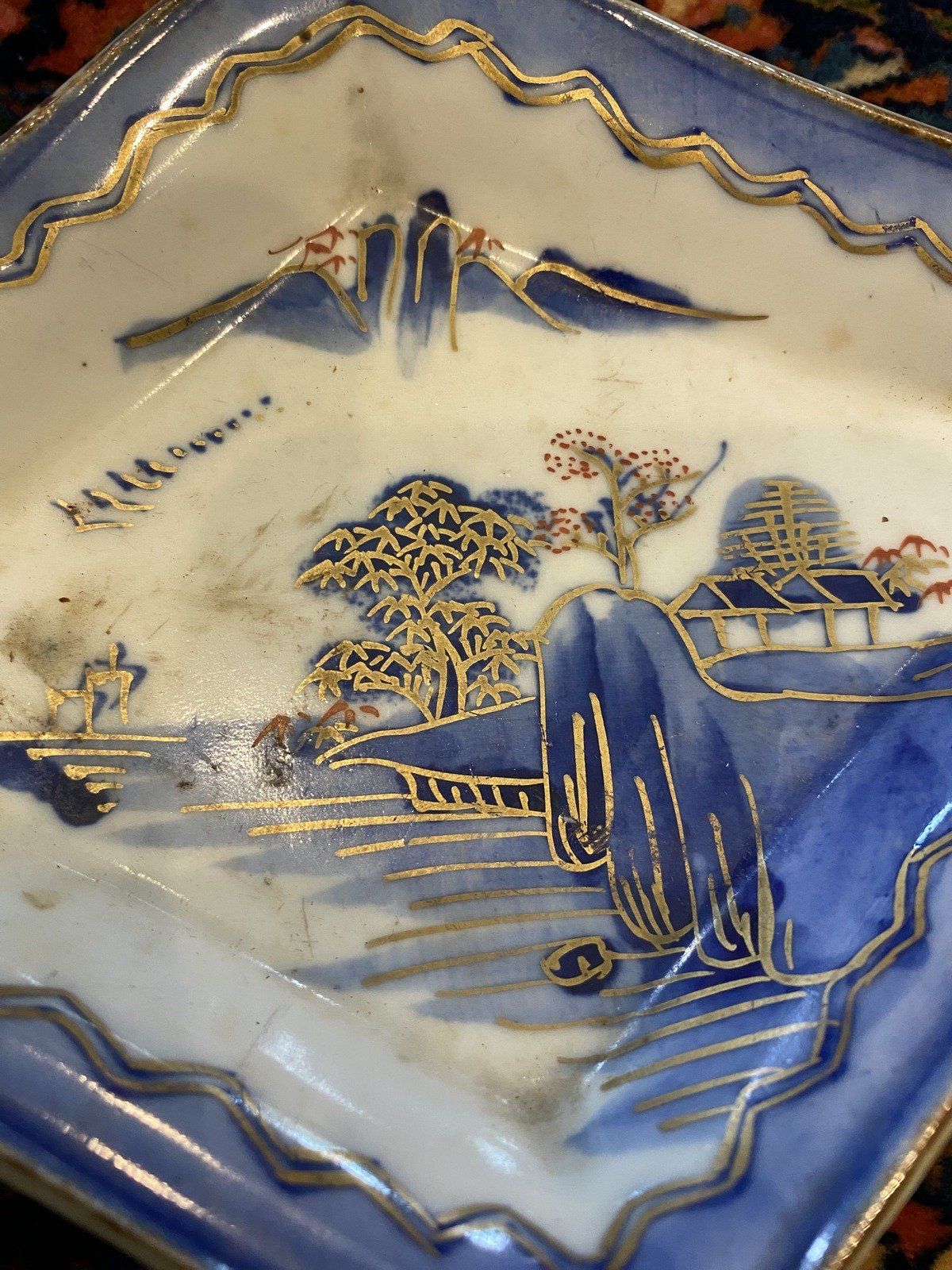 Japanese Ceramic Flow Blue Landscape Painted Dish 3