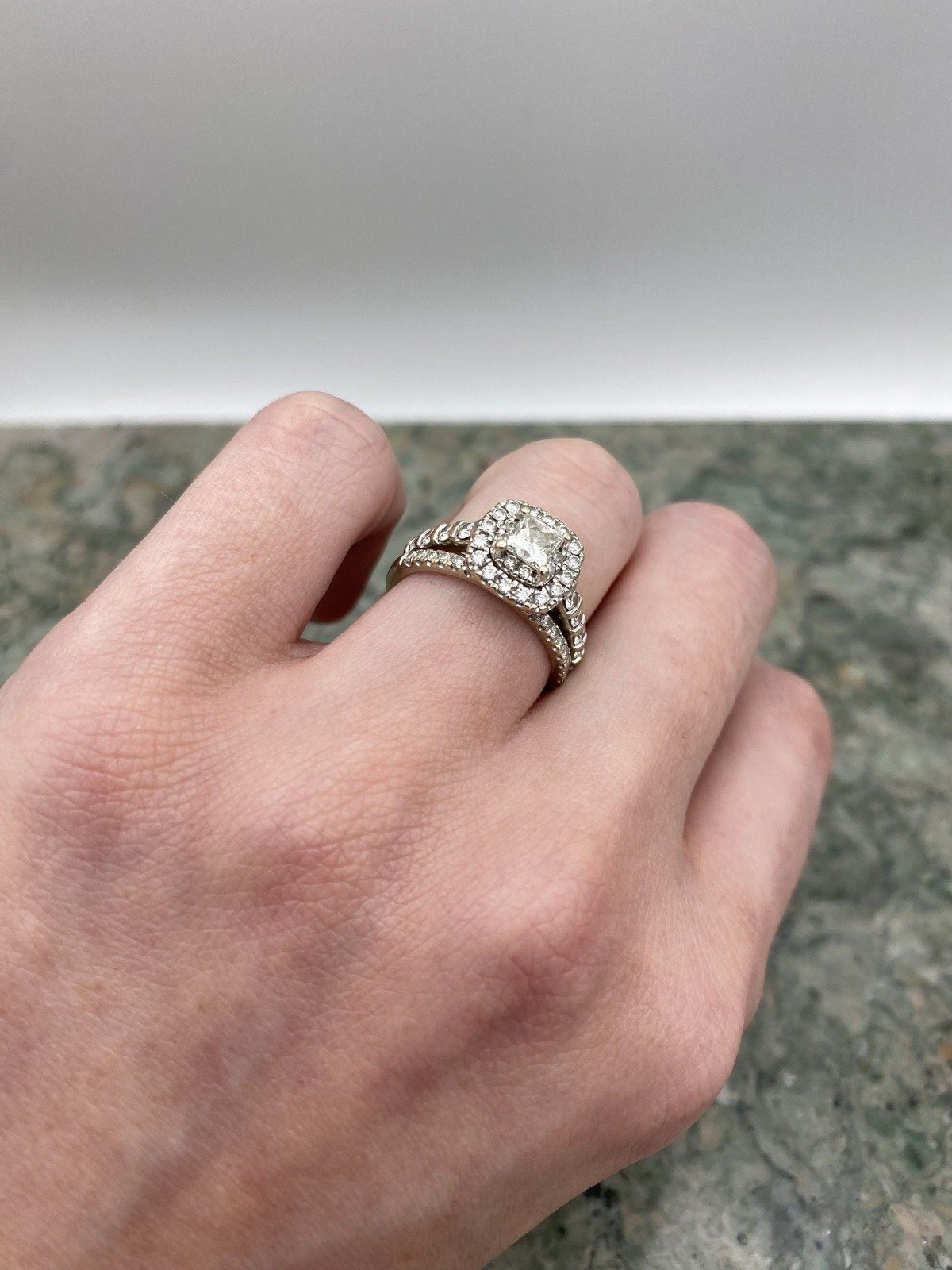 Ladies 14k Gold Leo 1.5ctw Princess Cut Cushion Haloed Diamond Engagement Ring + Band w GIA 7