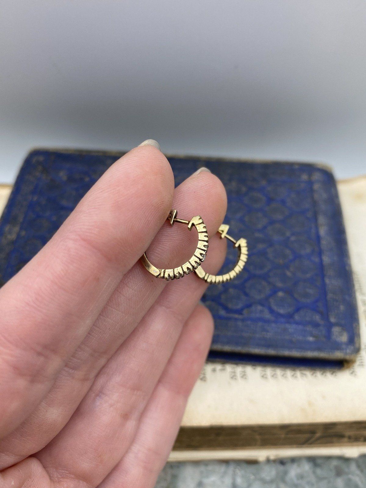 Antique German 9k Gold White Topaz Pave Sleeper Hoop Earrings 8