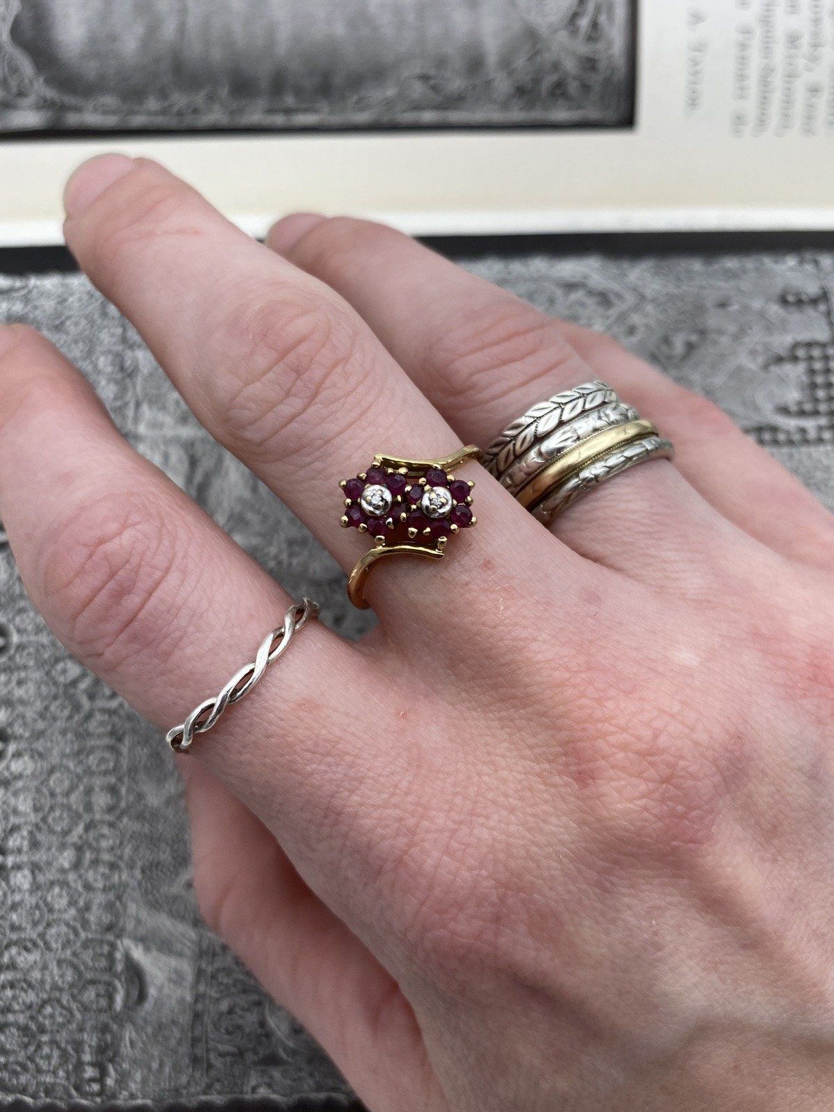 Vintage 10k Gold Ruby Double Flower Bypass Ring w Diamond Centers #2768 3