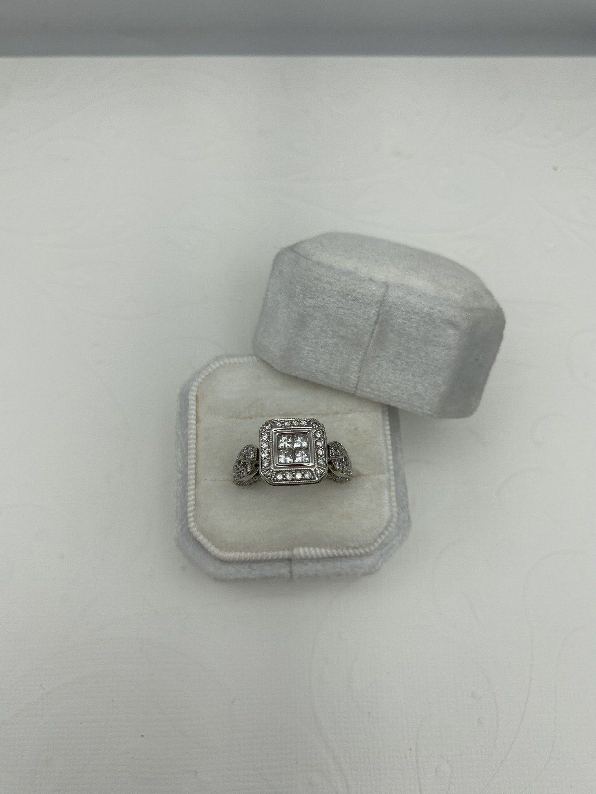 14k White Gold 1.99ctw Diamond Bezel Cluster Engagement Ring w Filigree + Shank Details + GIA 4