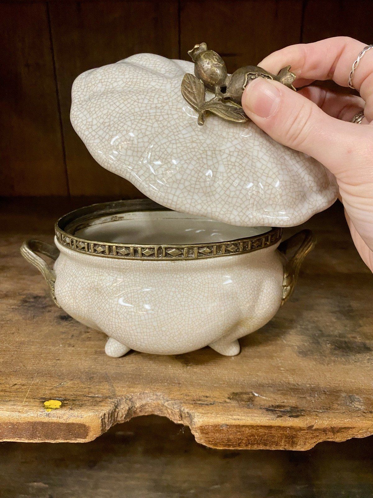 Taupe Crazed Ceramic + Bronze Pomegranate Lidded Storage Box w Handles 7