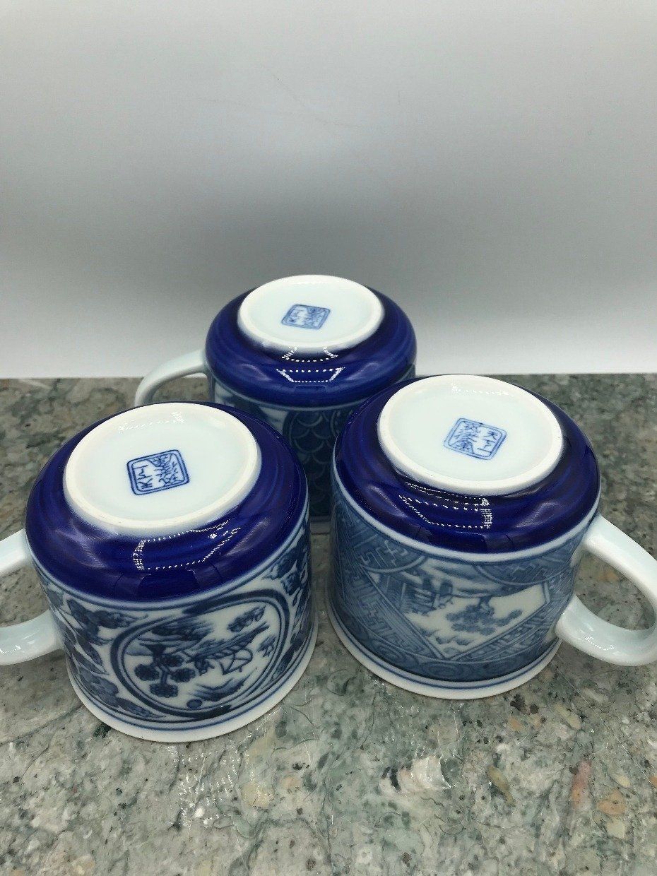 Set of 3 Blue + White Porcelain Coffee Mugs w Mixed Patterns 2