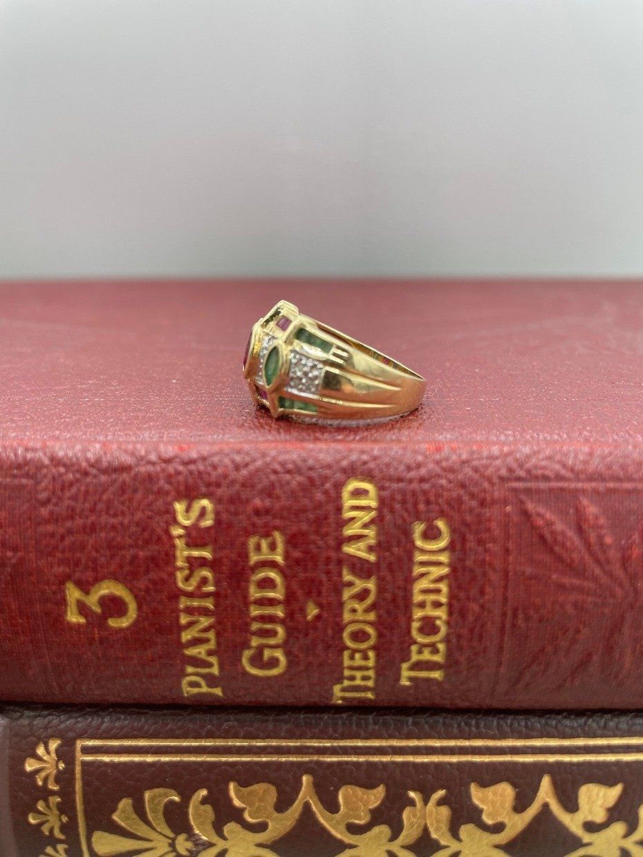 Gorgeous 14k Gold Ruby + Emerald + Sapphire + Diamond Cuff Ring Band 3