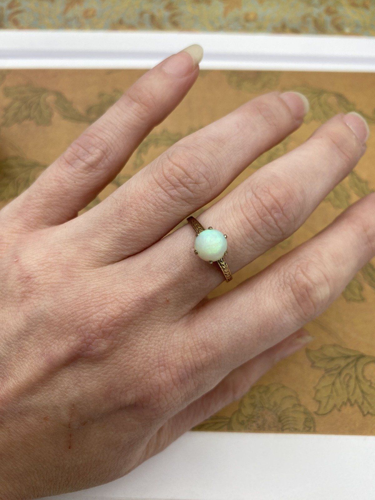 Antique Edwardian 14k Gold Matte Domed Opal Ring w Ornately Etched Setting #2734 6