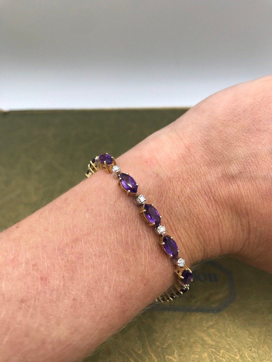 14k Gold Marquise Amethyst + Diamond Spaced Tennis Bracelet 5