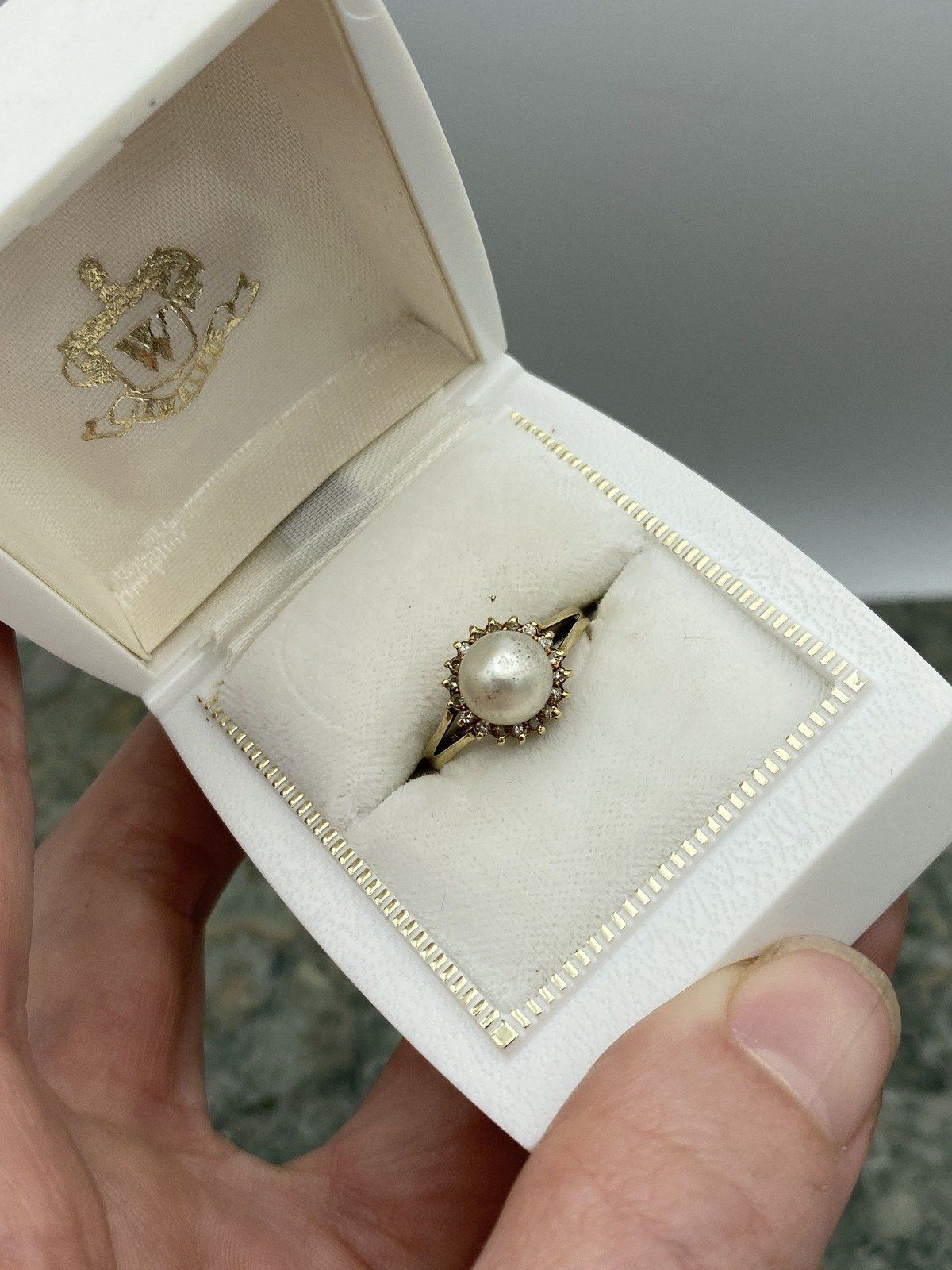 Vintage 14k Gold Cultured Pearl + Diamond Halo Ring 2