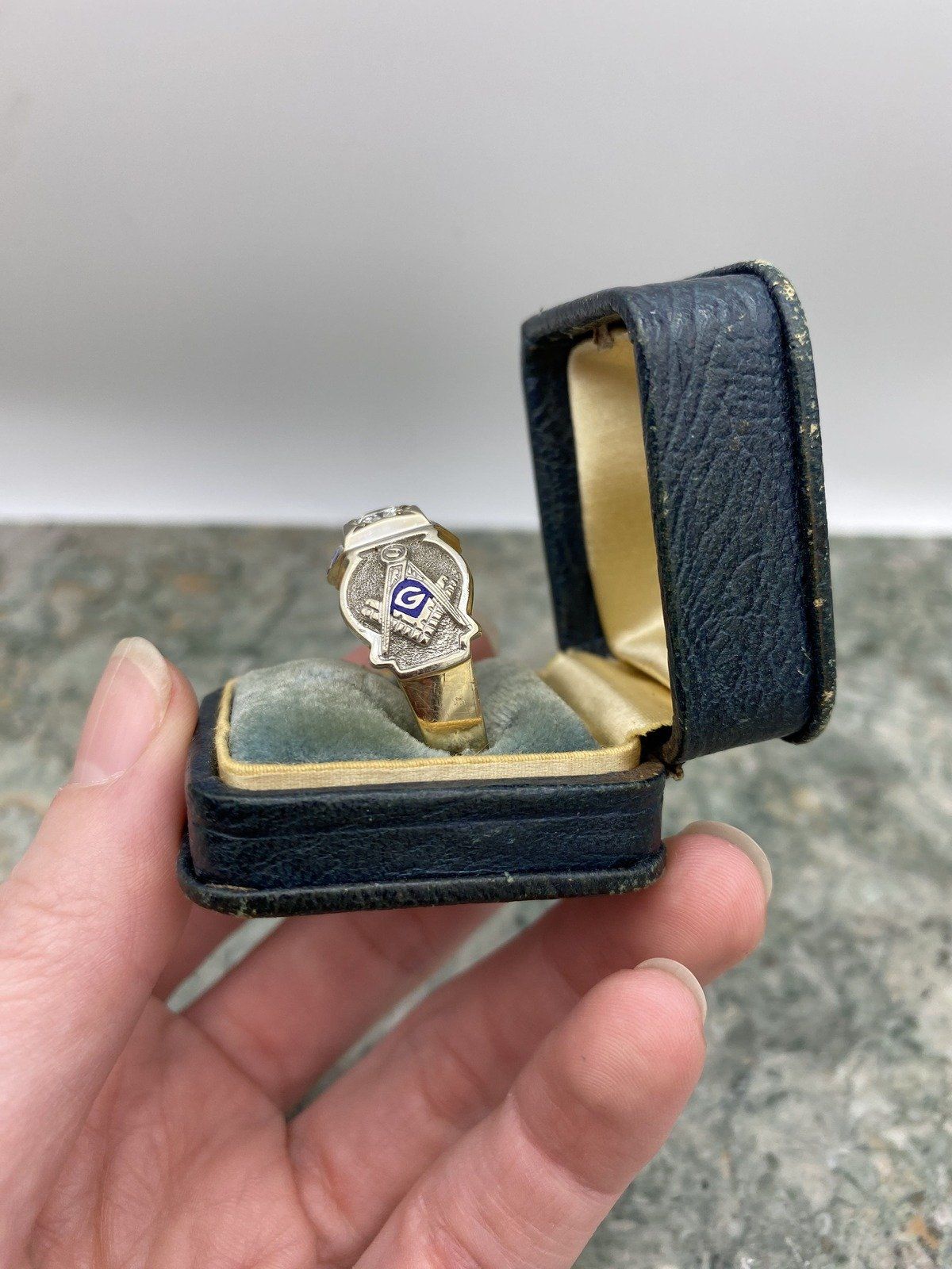 Men's Antique 14k Dual Gold Blue Enamel + .45ct Diamond Free Mason Grand Lodge Ring 5