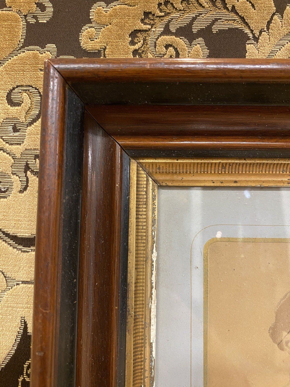 c.1890 Graphite + Printed Hand Detailed Portrait of Man in Deepwell Gilt Frame 14X12 6