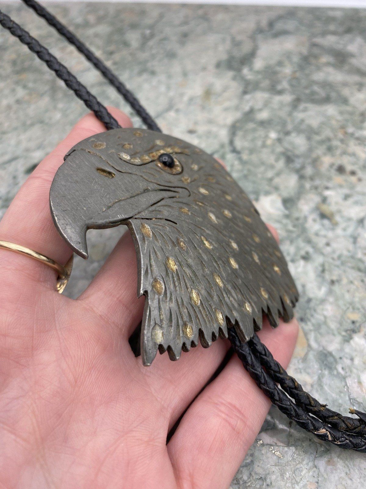 Vintage Large Silver Plated Eagle Carved Bolo Tie Necklace 7