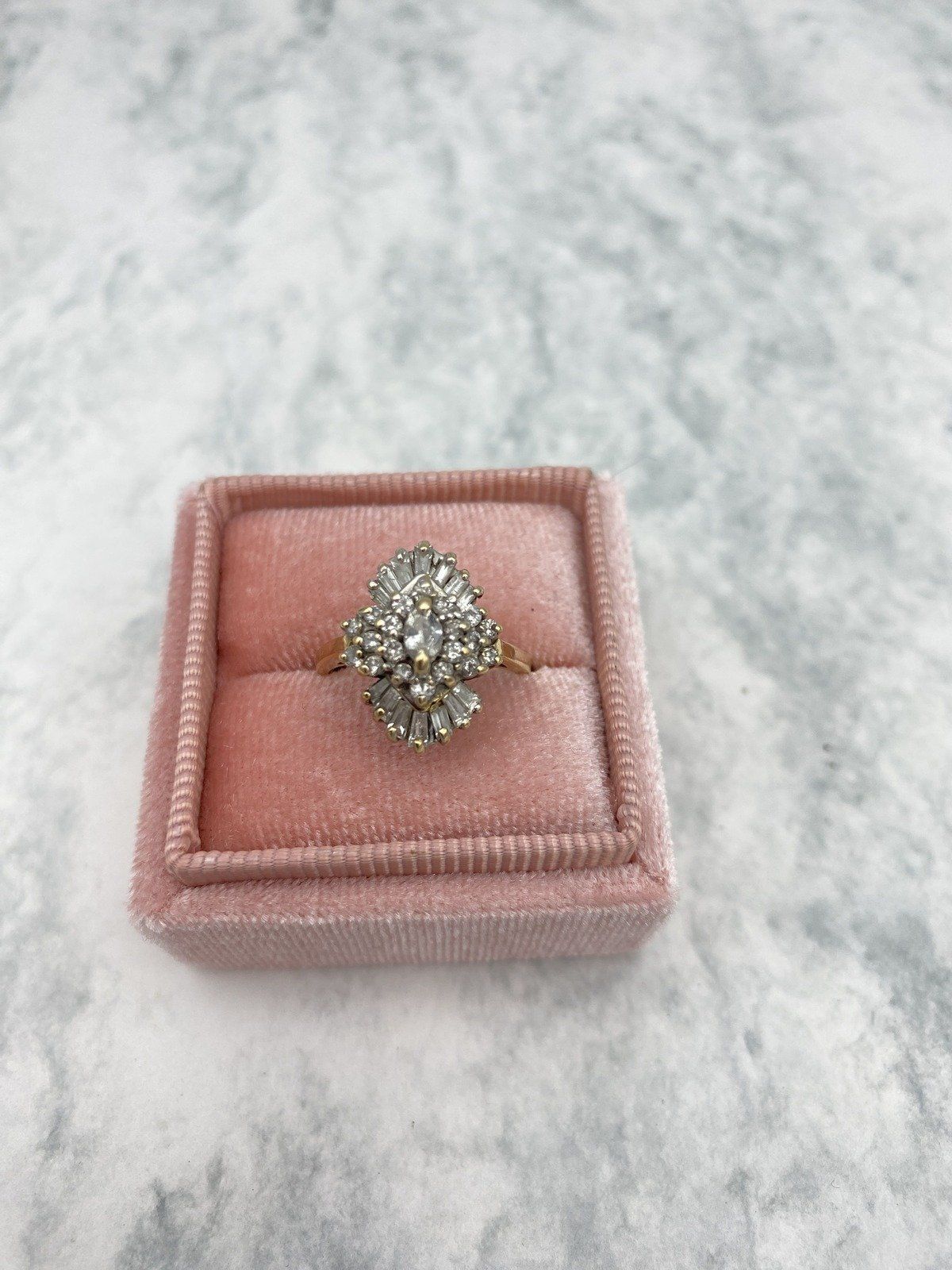 14k Vintage Diamond Spray Cluster Burst Ring w Baguettes + Marquise Center Diamond Ring 2
