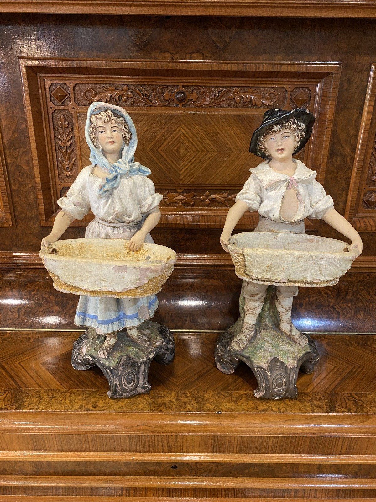 Antique 19th c. Figural Pair of Pottery Sculpture w Wash Bowl Basins