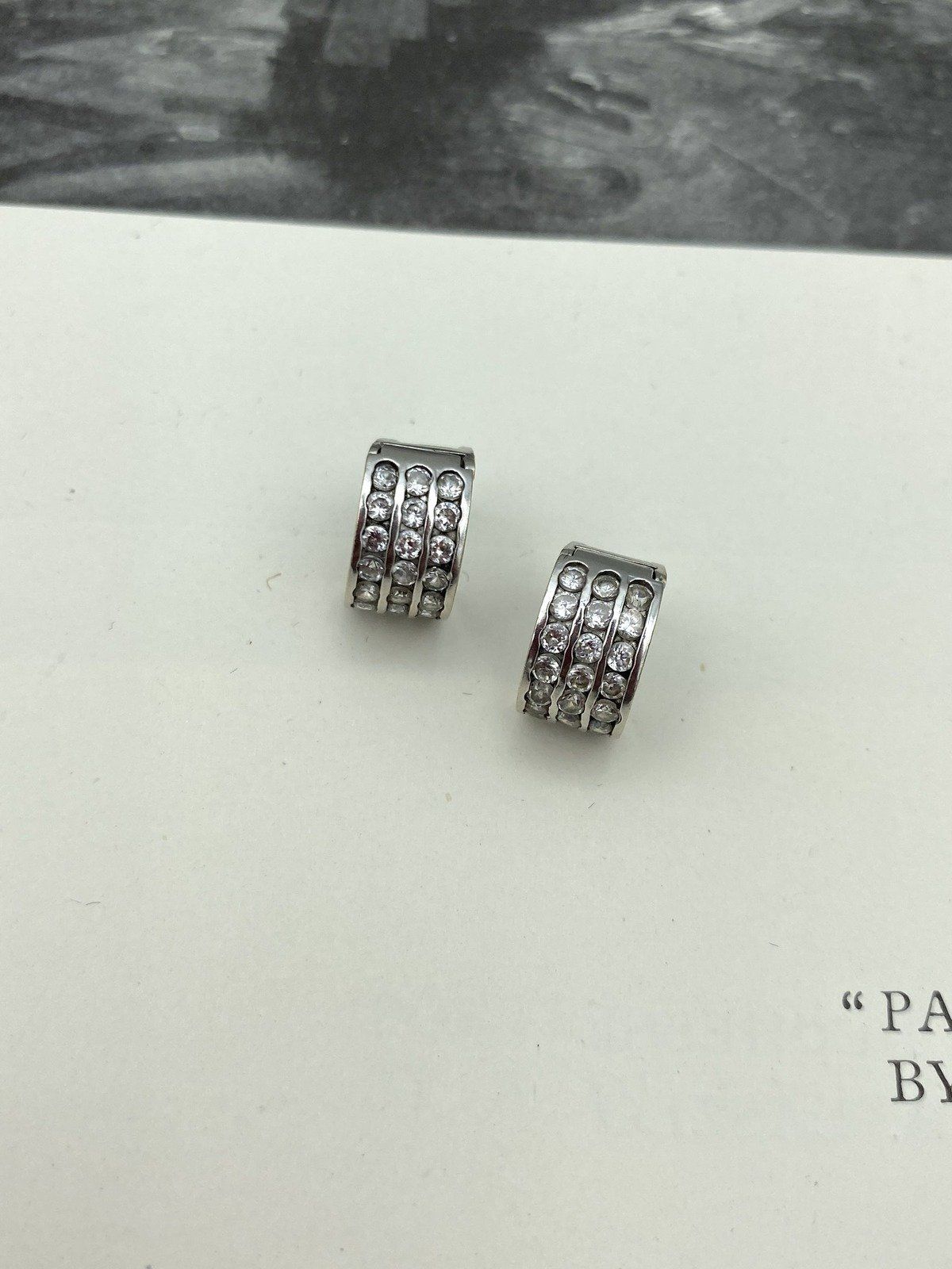 14k White Gold Trio Channel Pave Cubic Zirconia Huggie Hoop Earrings 8