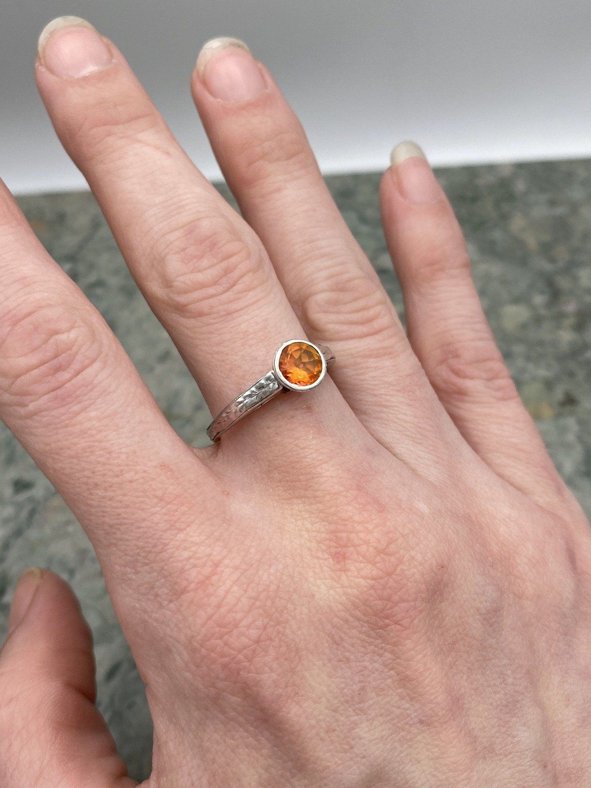 Spessartine Orange Garnet 14k White Gold Bezel Set Ring w Carved Band 9