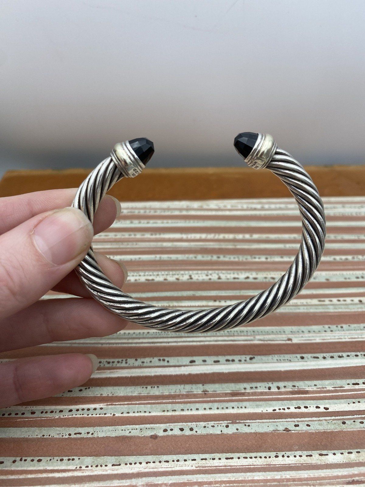 David Yurman Sterling Silver + 14k 7.5mm Cable Twist Bangle w Black Onyx Briolette Finials 6.75 4