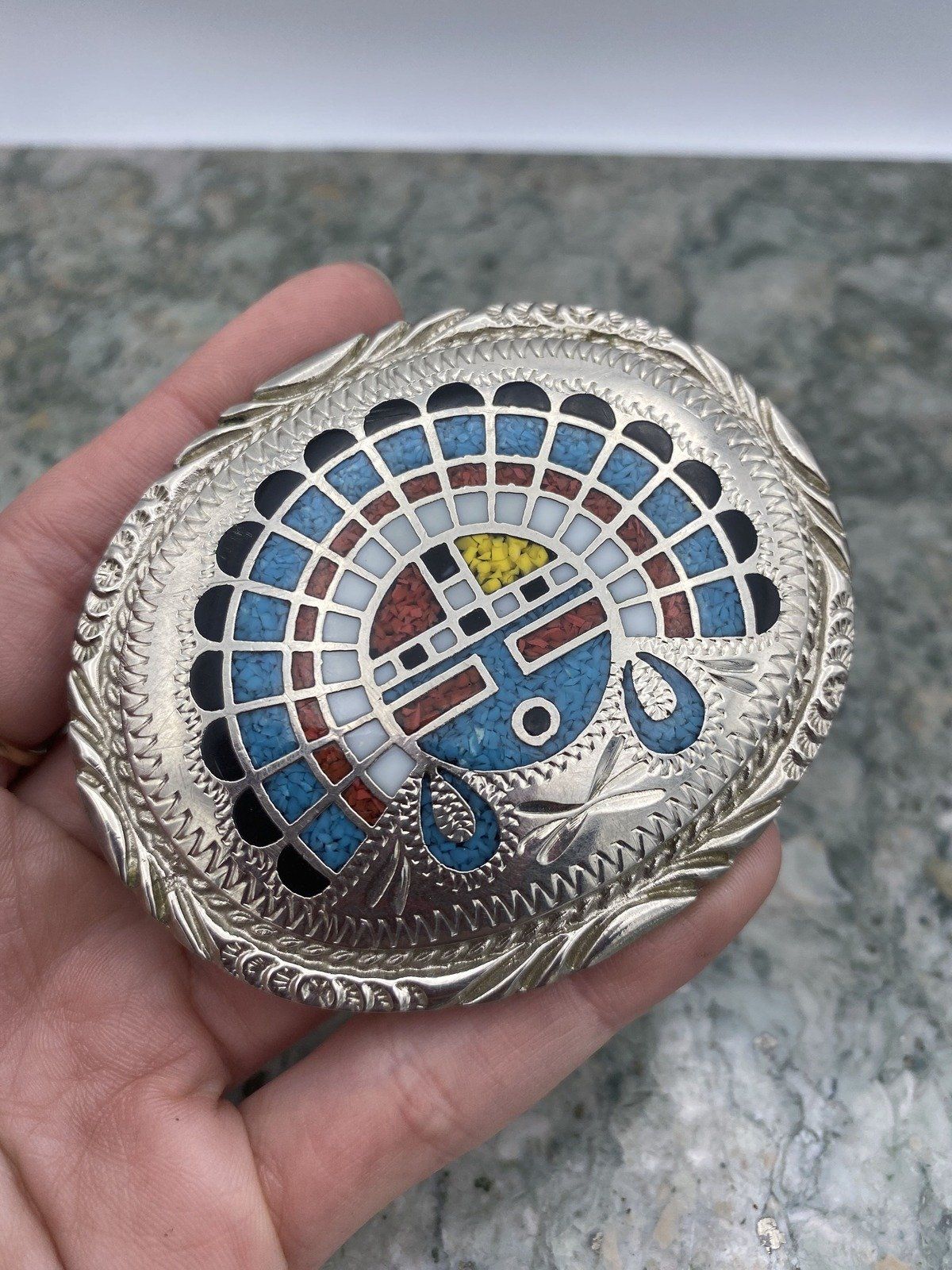 Vintage c.1980s SSI Signed Kachina Inlaid Belt Buckle 3