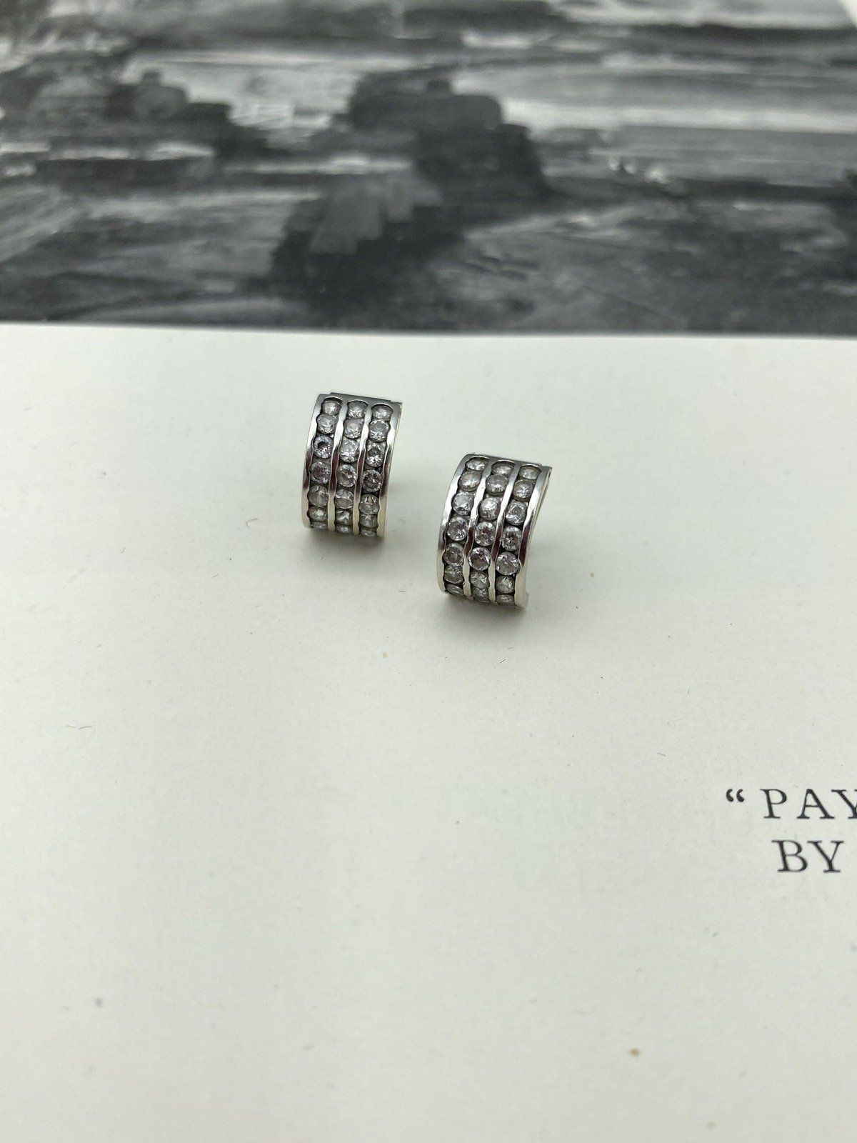 14k White Gold Trio Channel Pave Cubic Zirconia Huggie Hoop Earrings 14