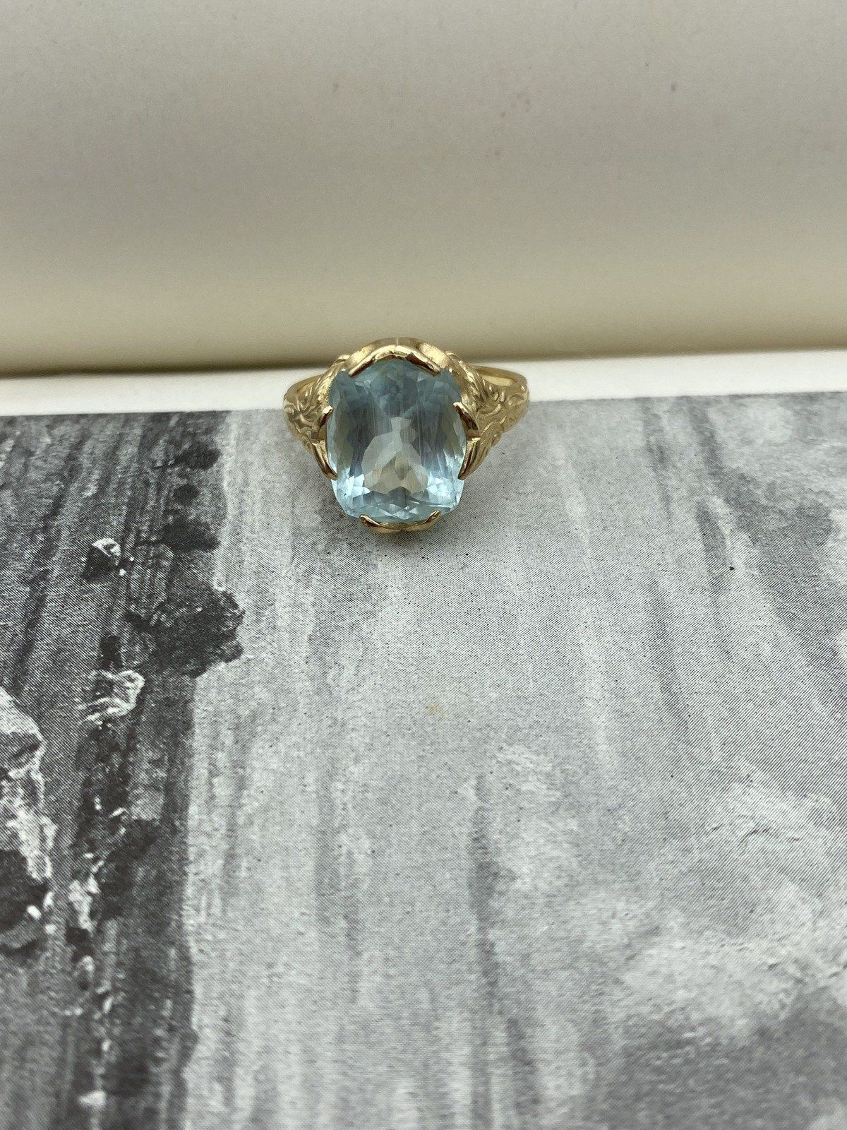 Antique Victorian 14k Gold High Quality Natural Cushion Cut Aquamarine Dress Ring w Carved Shoulder Motif + Lovely Prong Design 8