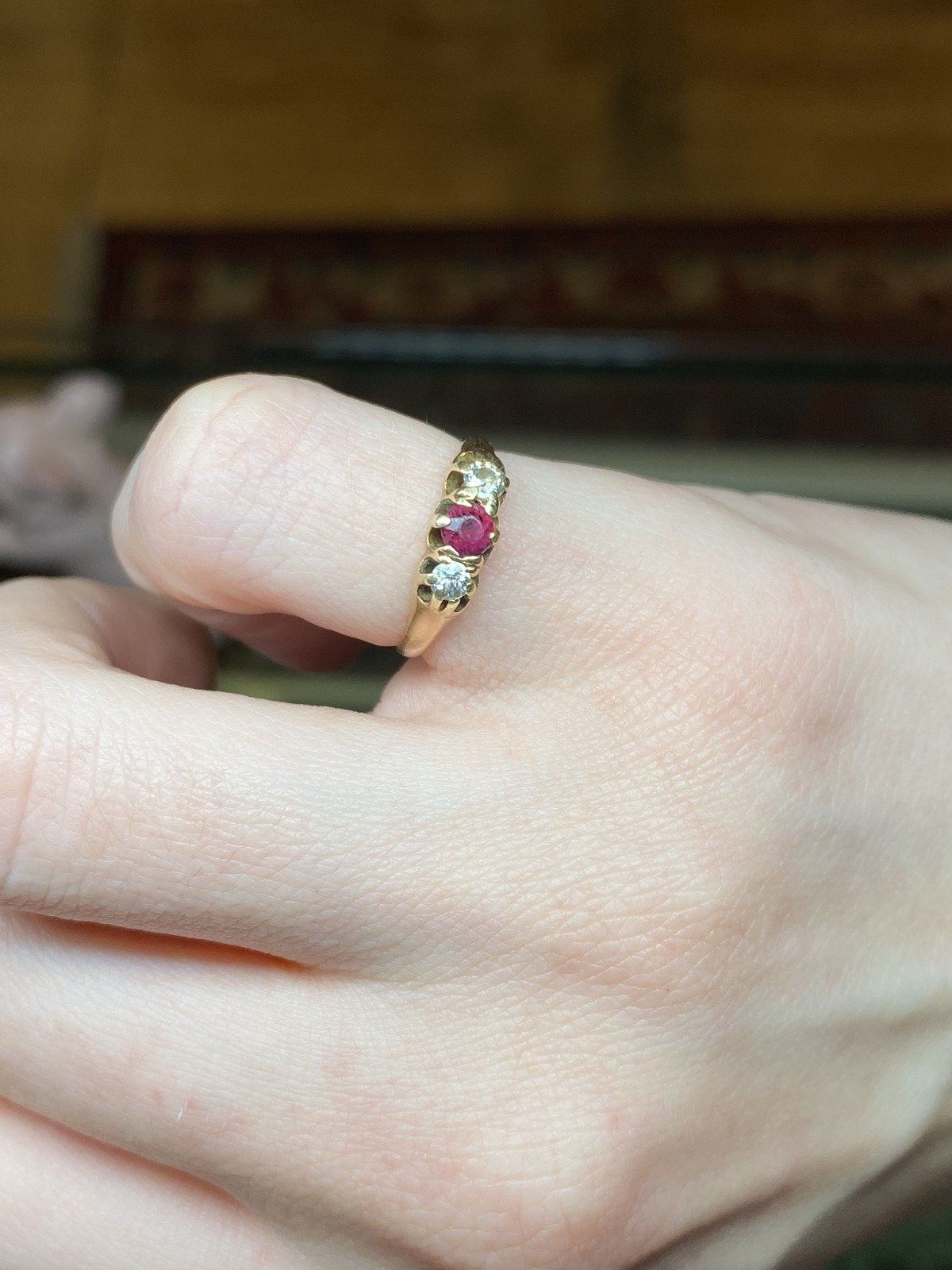 Very Old + Very Small Antique 18k Gold Ruby + Diamond Pinky Promise Ring 11