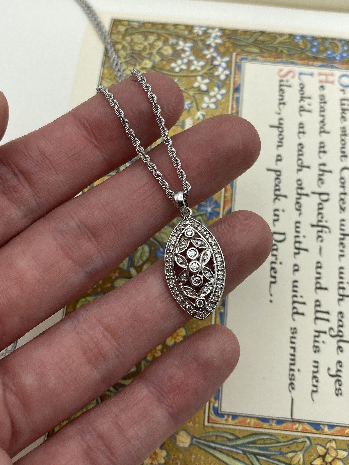 14k White Gold Almond Bezel Diamond Drop Necklace 18L 7