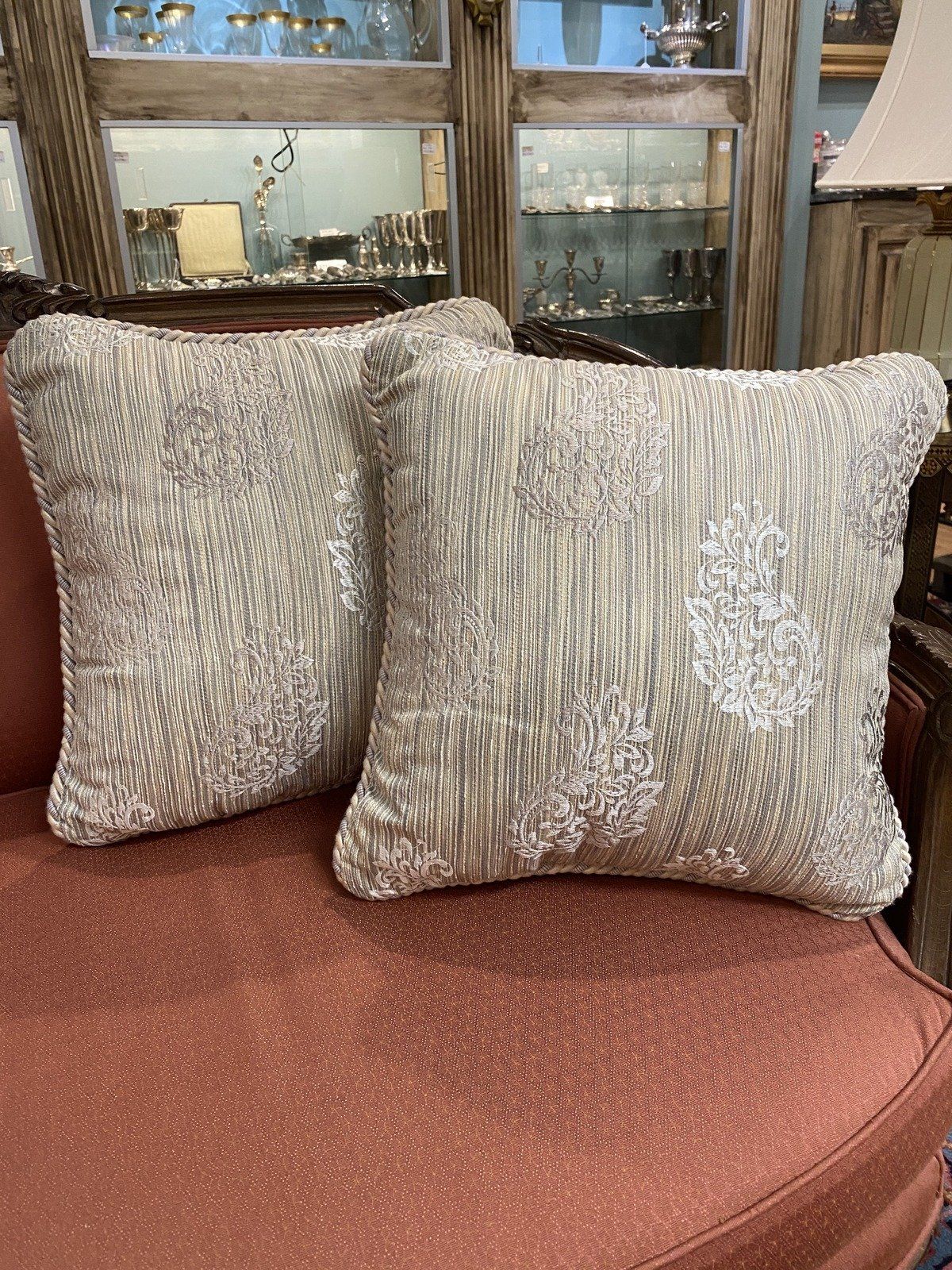 Pair of Beige Acanthus Brocade Throw Pillows