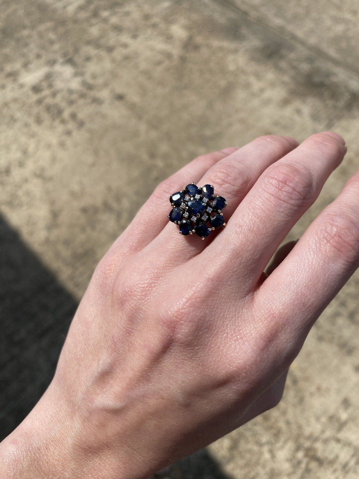 Antique 14k Gold Diamond Sapphire Petal Flower Cluster Ring 6