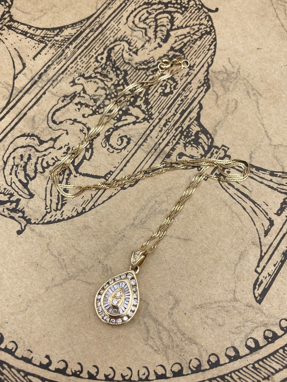 14k Gold Baguette + Round Channel Set .50ctw Diamond Drop Necklace 18L 6
