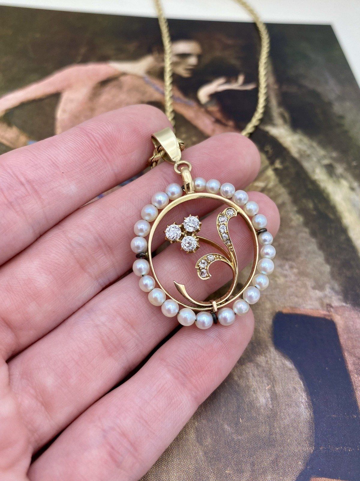 18k Gold Antique French Art Nouveau .45ctw Old Mine Diamond Lily of The Valley Pearl Wreathed 18L Drop Necklace (NO DISCOUNT) 5