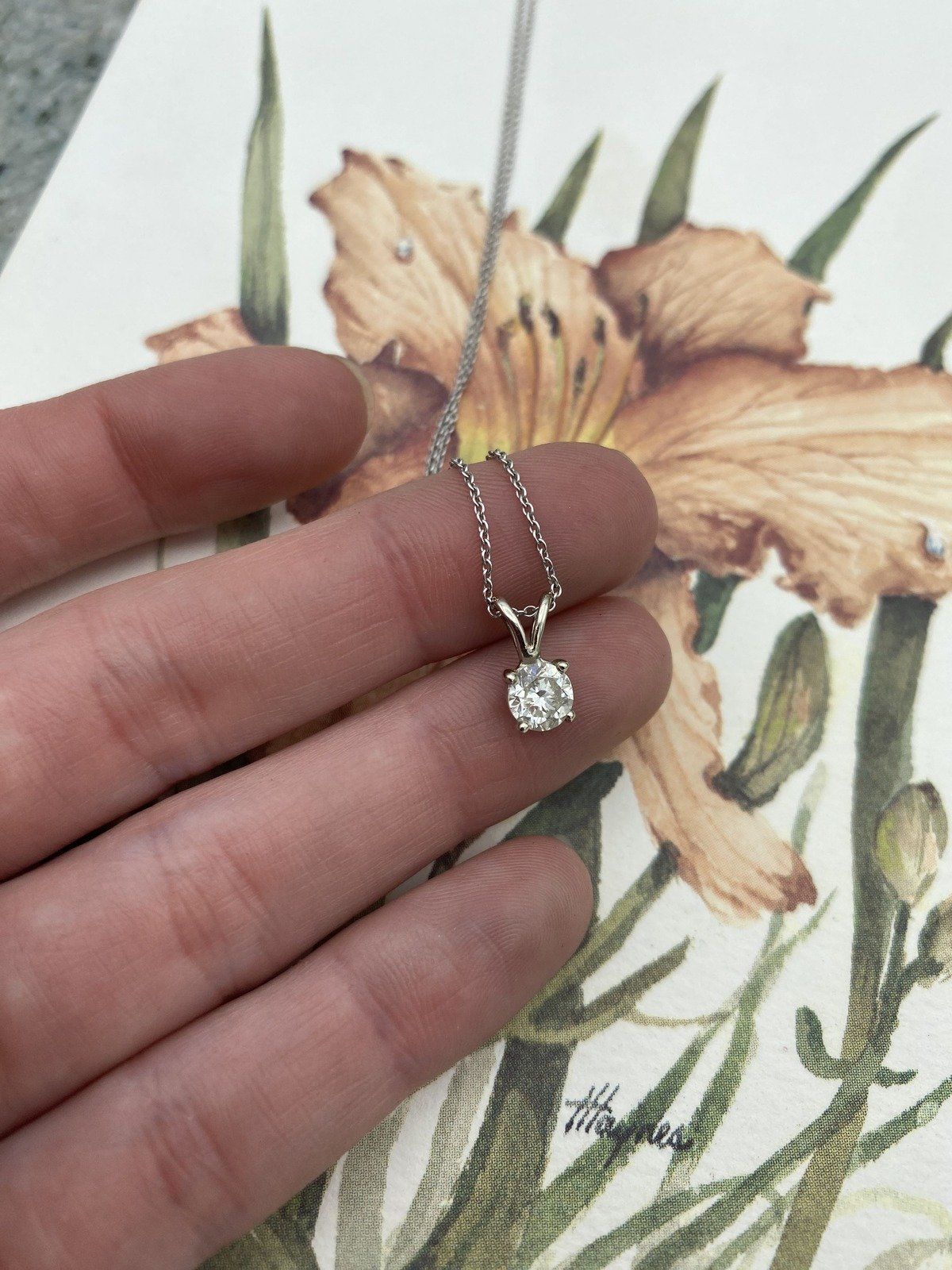 Firey Vintage 14k White Gold Natural .65ct Round Cut Solitaire Diamond Drop Necklace w Sturdy Cable Chain 16L 9
