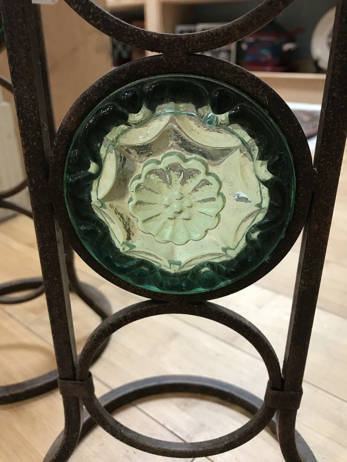 Pair of Tiered Molded Blue Glass Decorative Iron Stands 2
