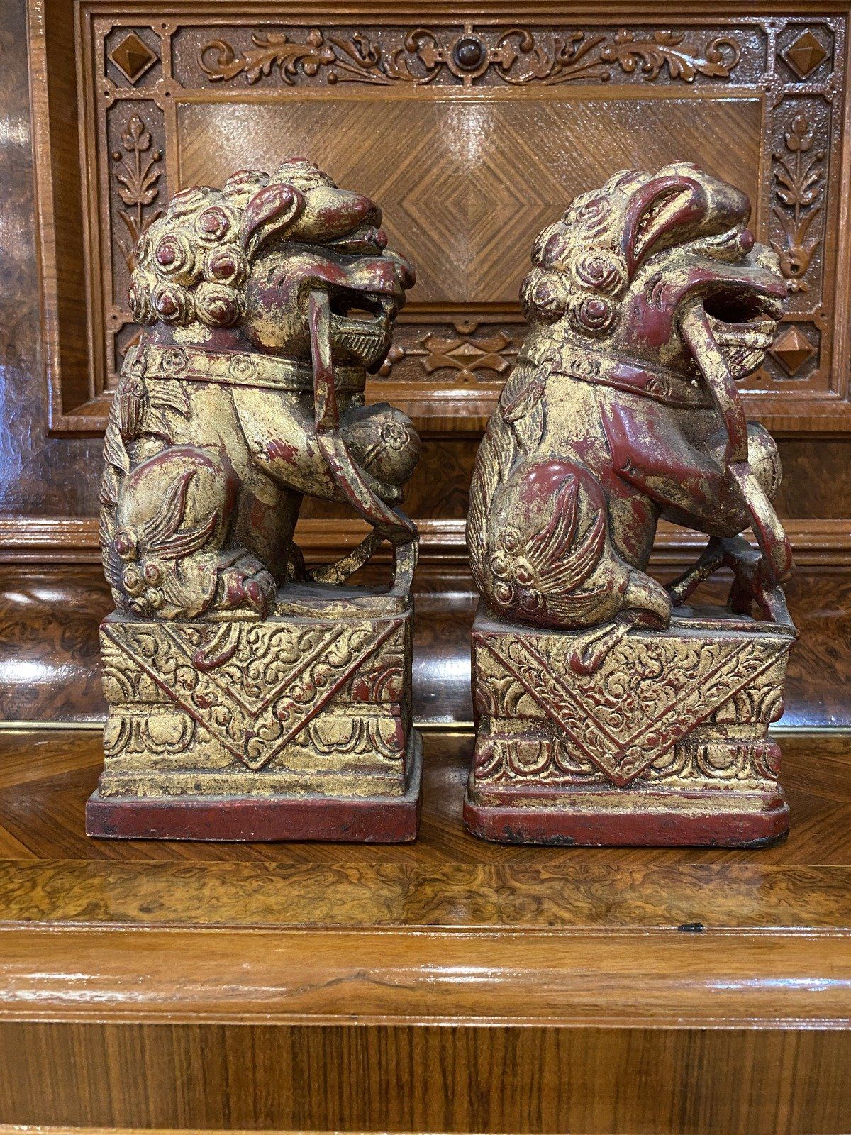 Cinnabar Red + Gilt Plaster Foo Dogs Sculptures 6