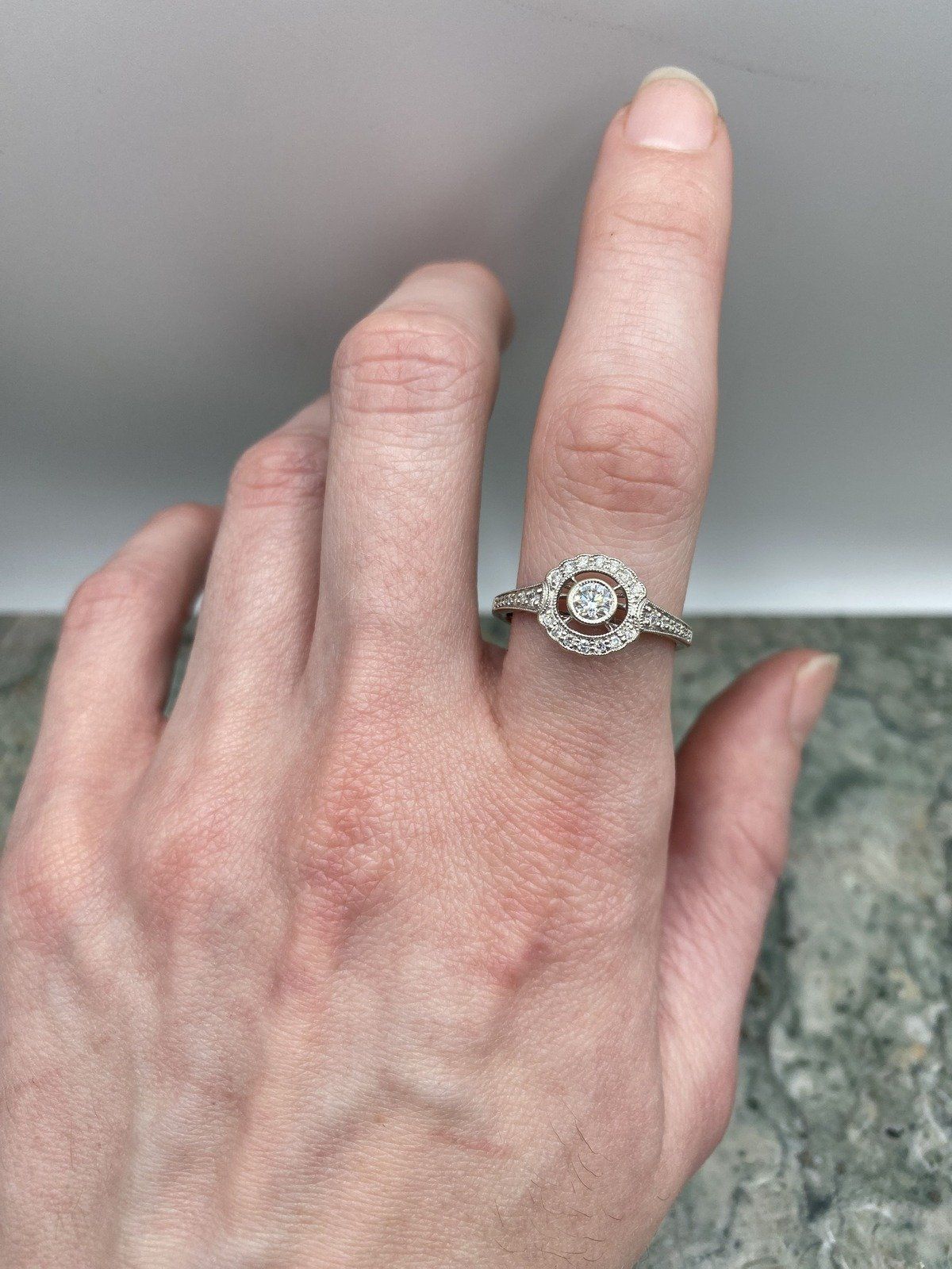 Modern 10k White Gold Floating Bezel Set .15ct Center Scalloped Milgrain Diamond Engagement Ring 4