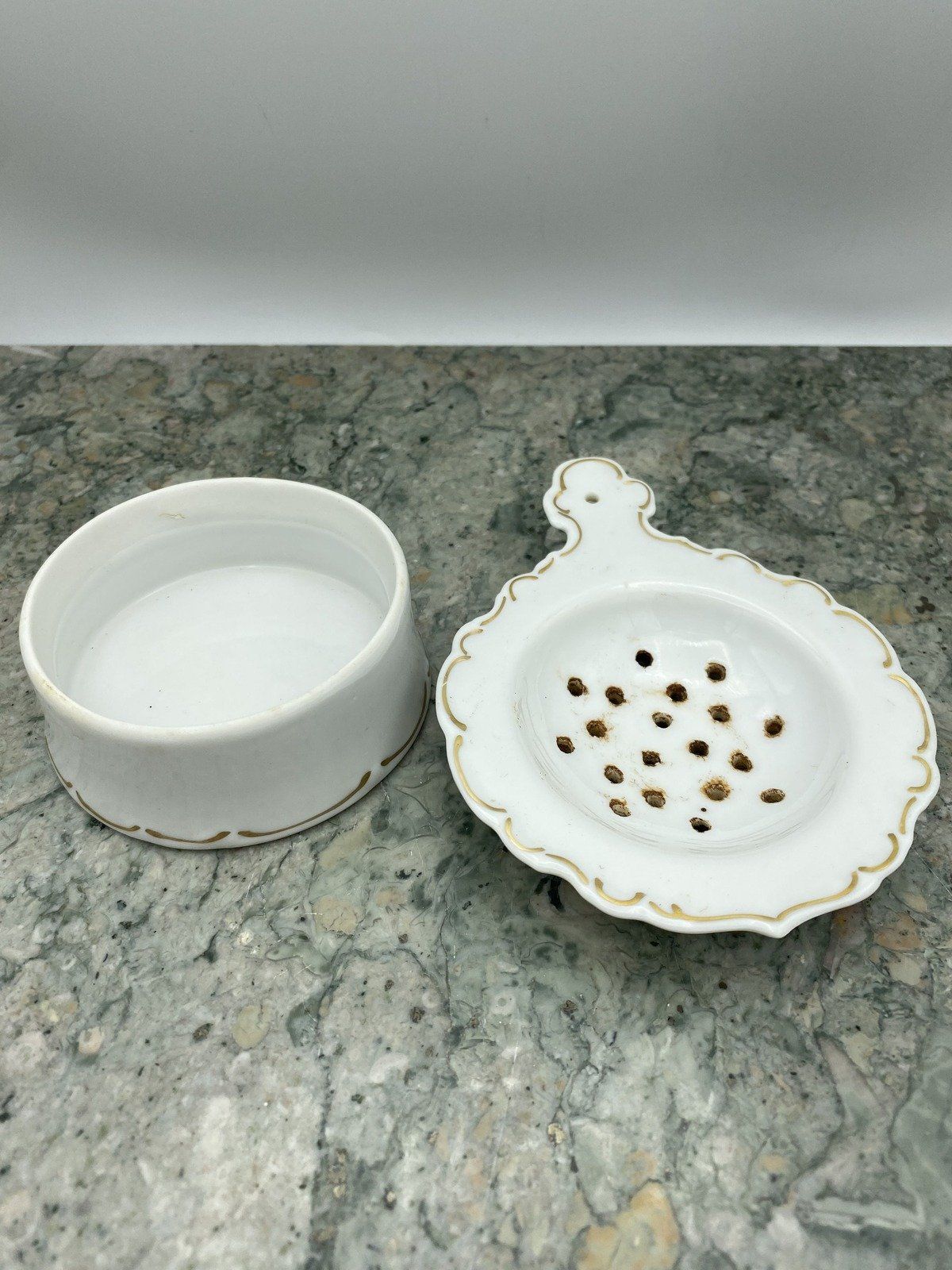 Antique Bone China + Gilt Ceramic Tea Strainer + Drip Catch 2