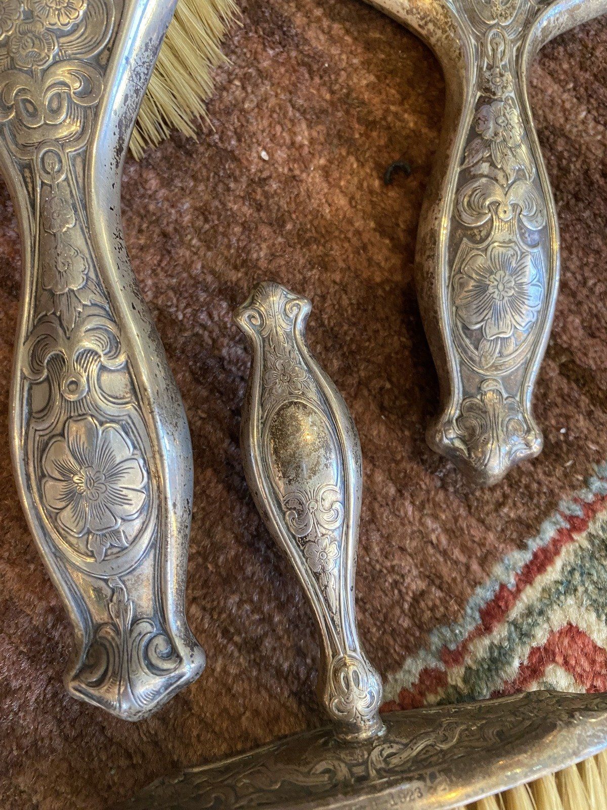 Antique Art Nouveau Sterling Silver 3pc Vanity Set 348 5