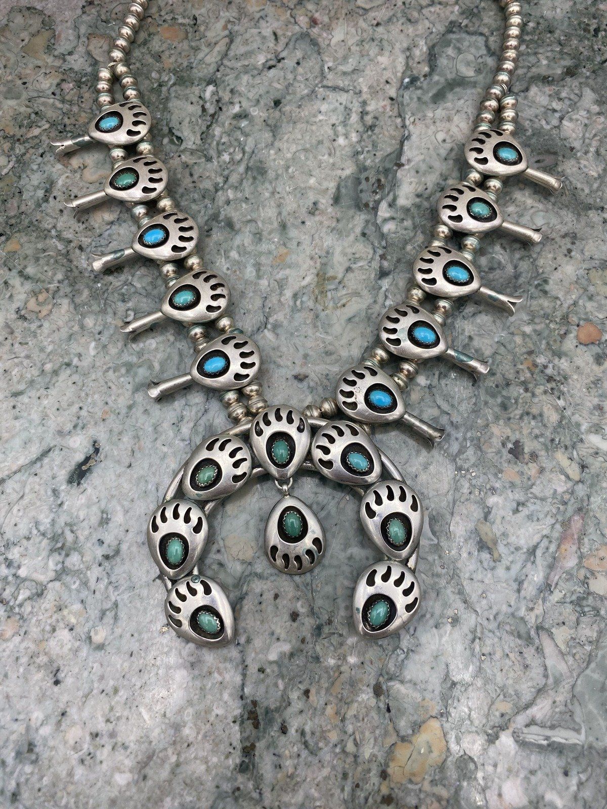 Vintage Sterling Silver Signed GJ Native American Bear Paw + Turquoise 2