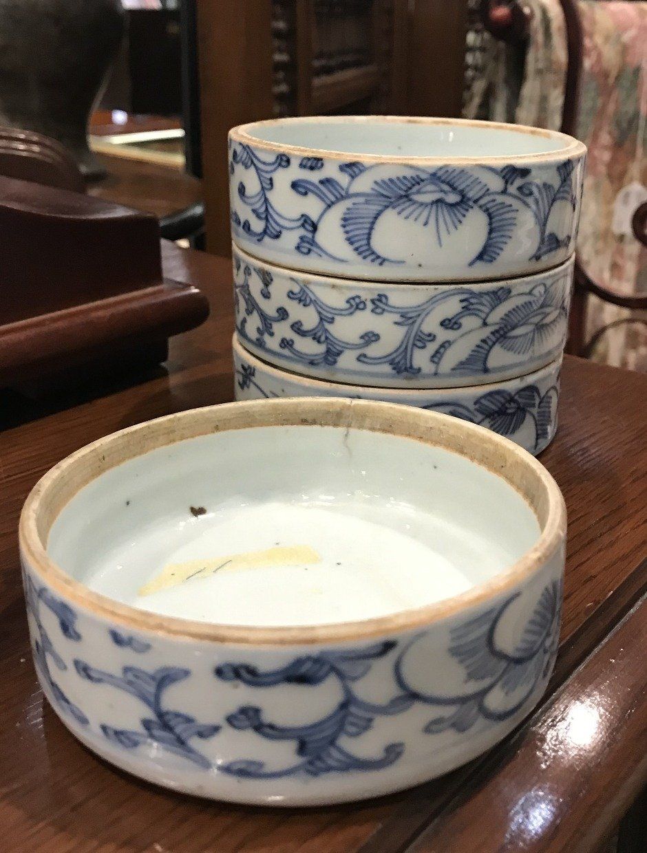 4pc Stacking Porcelain Blue + White Transferware Apothecary Dishes 2