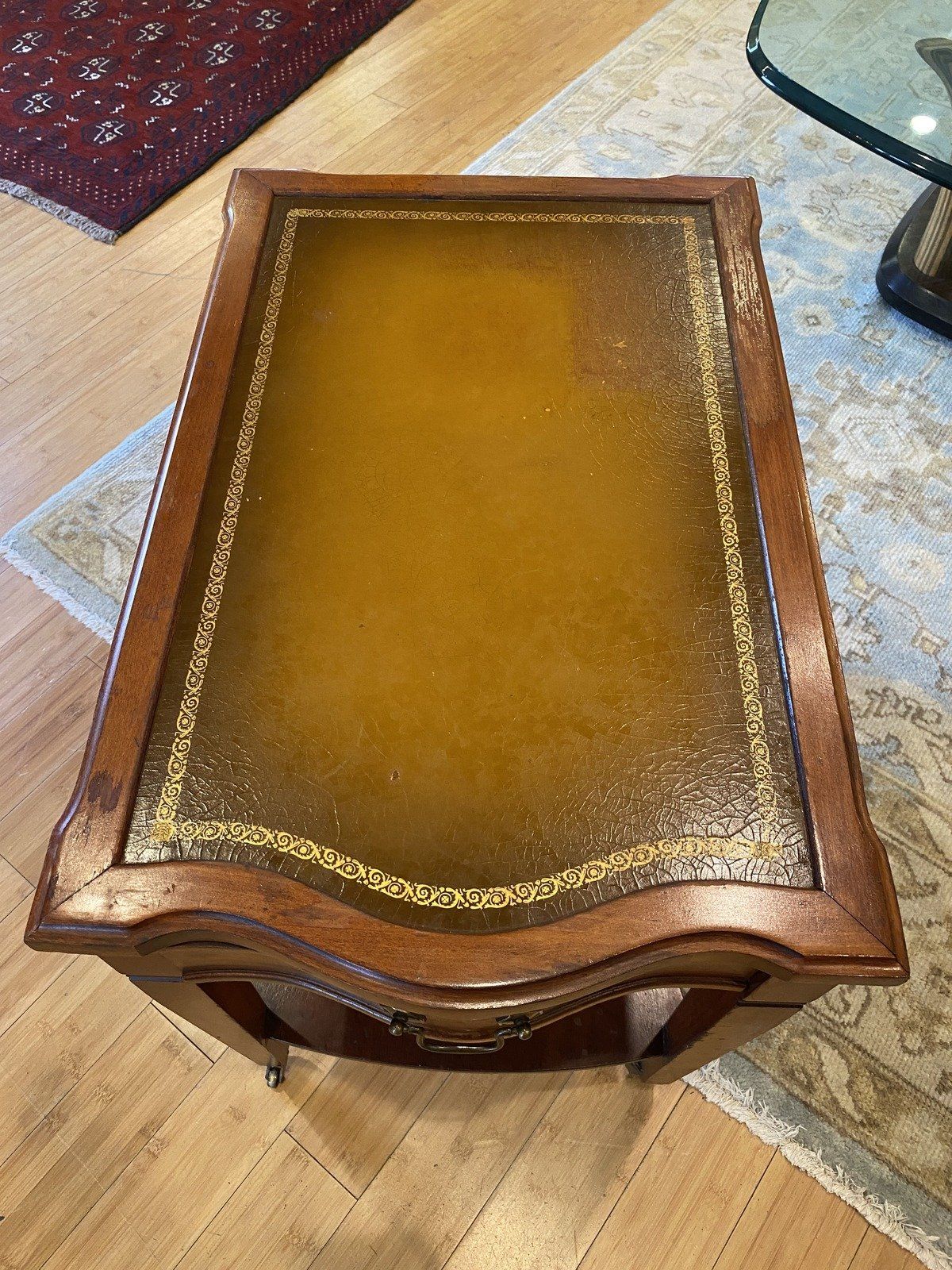 Vintage Mid Century Mersman Leather Top Side Table w Wheels 2