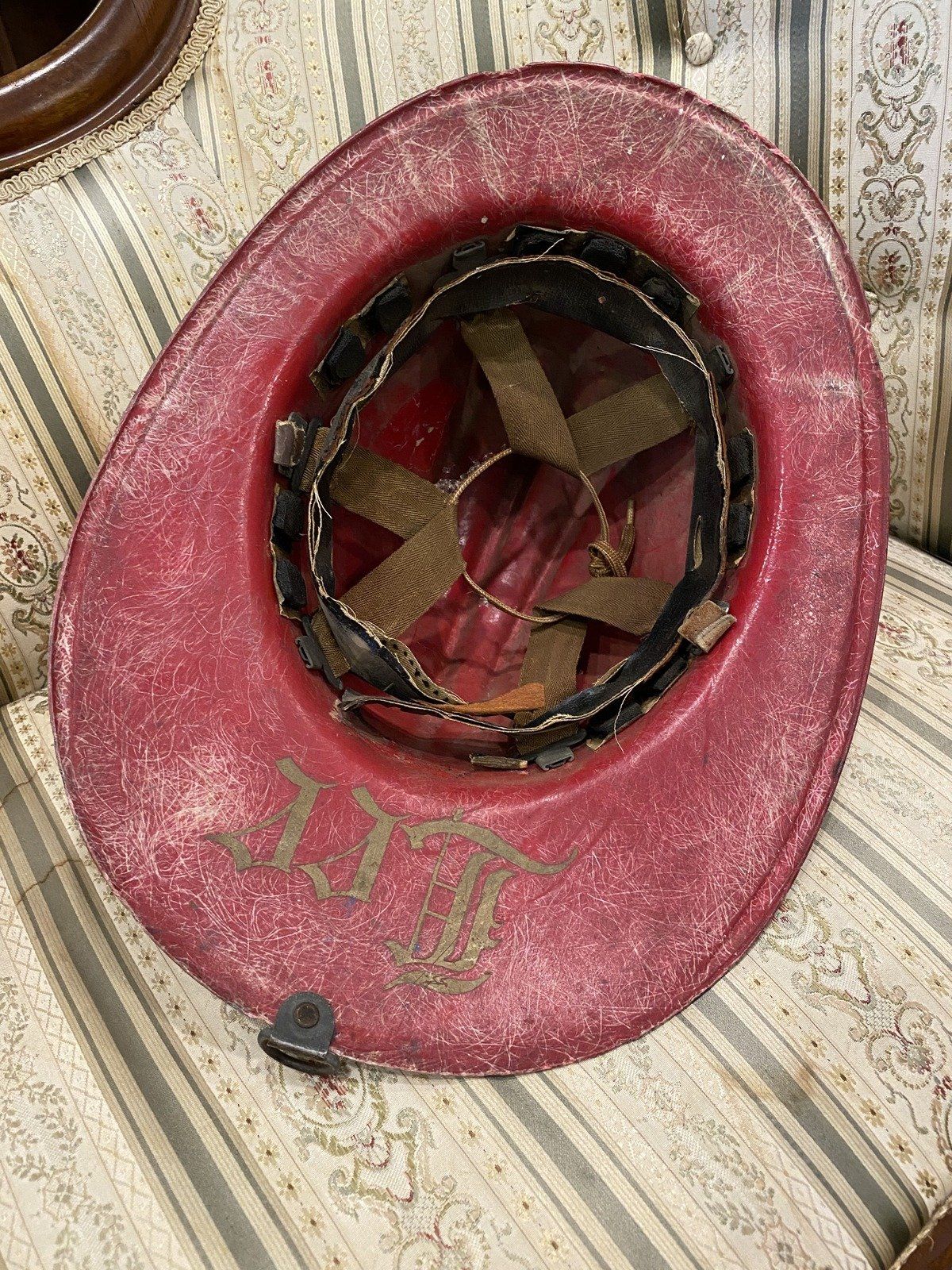 Vintage c.1970s/80s Red No.5 Fiberglass Fire Fighter Helmet w Personalized Interior Rim 6
