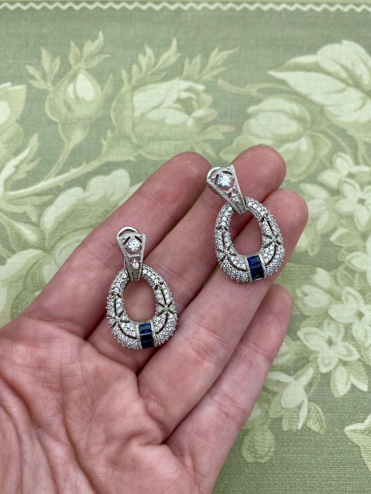 Sterling Silver Cubic Zirconia + Blue Sapphire Omega Back Buckle Drop Earrings 2