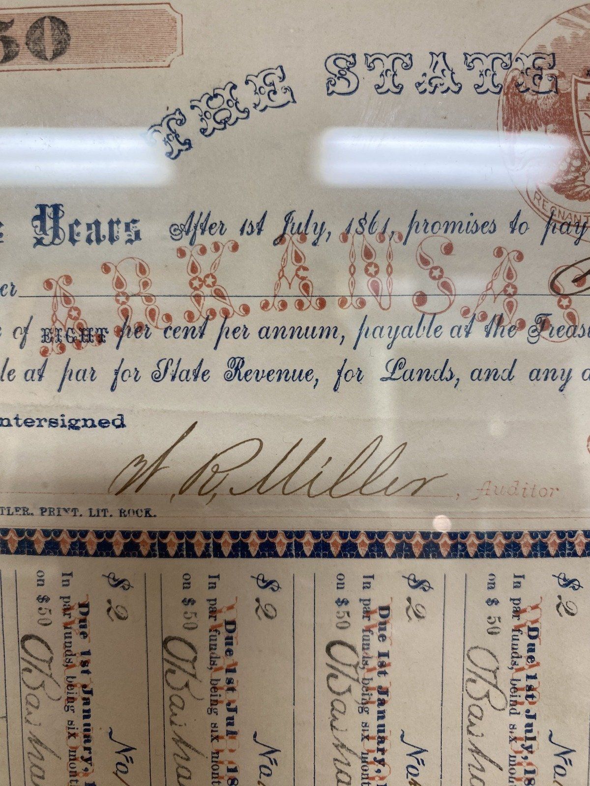 Framed Civil War Era Arkansas State c.1861 $50 War Bond 4