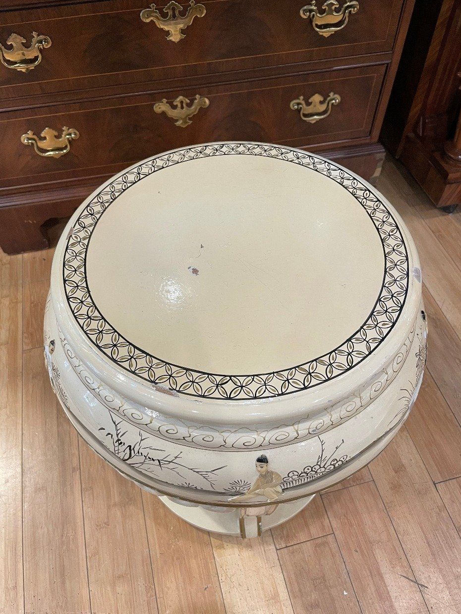 Antique Ivory Painted Oriental Fishbowl + Plant Stand w Figural Details 7